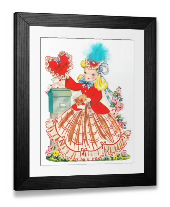 Framed Print : Girl at a post box on a Valentine card Framed Print : Girl at a post box on a Valentine card