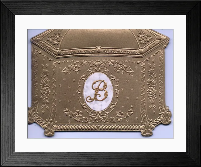 Framed Print : Greetings card in the shape of an ornate golden box Framed Print : Greetings card in the shape of an ornate golden box