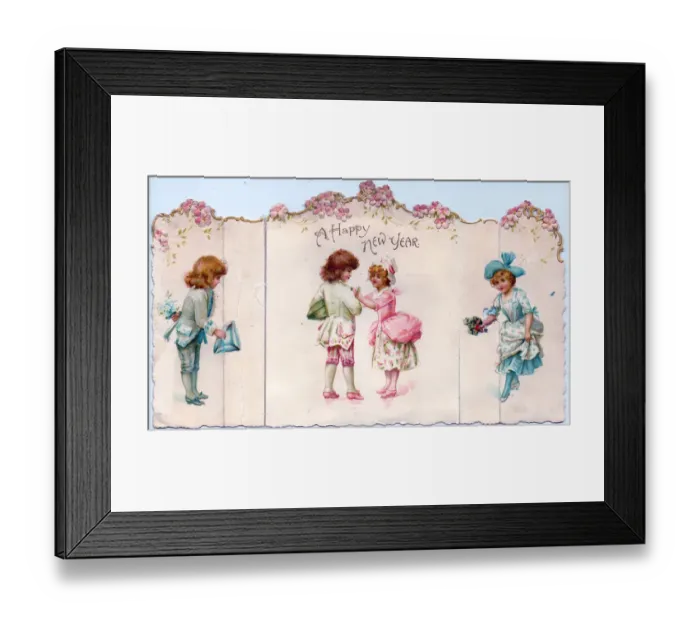 Framed Print : Four children on a cutout New Year card Framed Print : Four children on a cutout New Year card