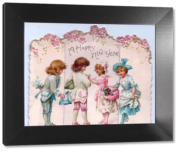 Four children on a cutout New Year card