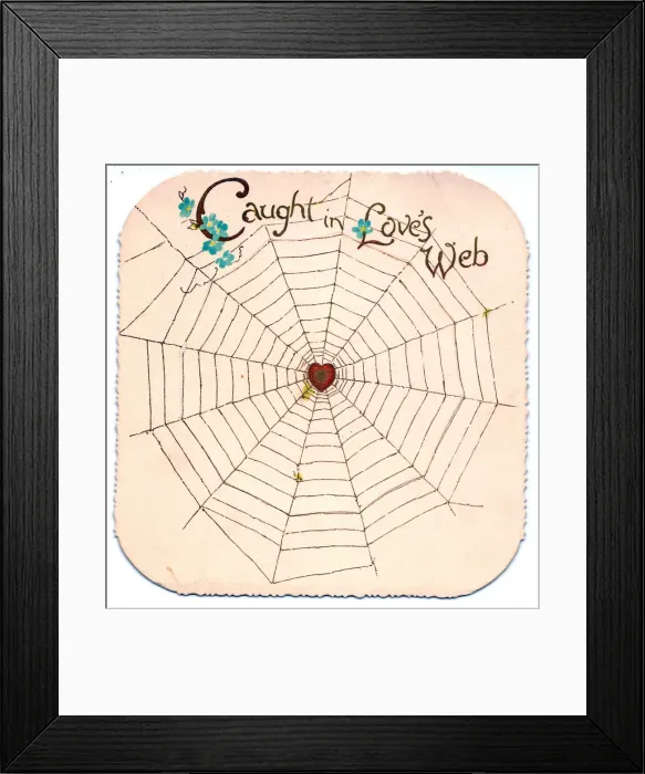 Framed Print : Spiders web on a Valentine card