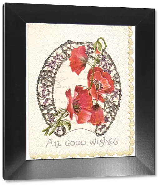 Horseshoe with poppies on a Good Luck card