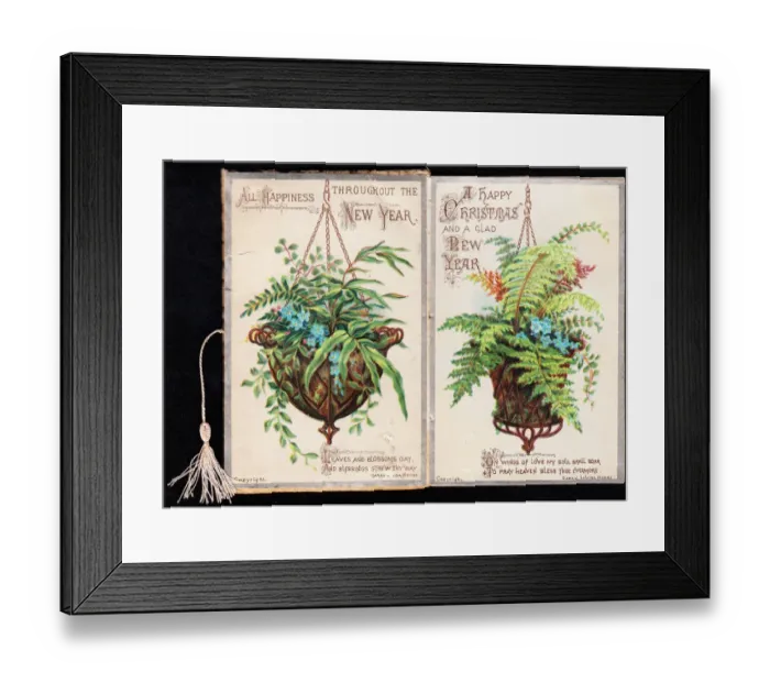 Framed Print : Two hanging baskets on a Christmas and New Year card Framed Print : Two hanging baskets on a Christmas and New Year card