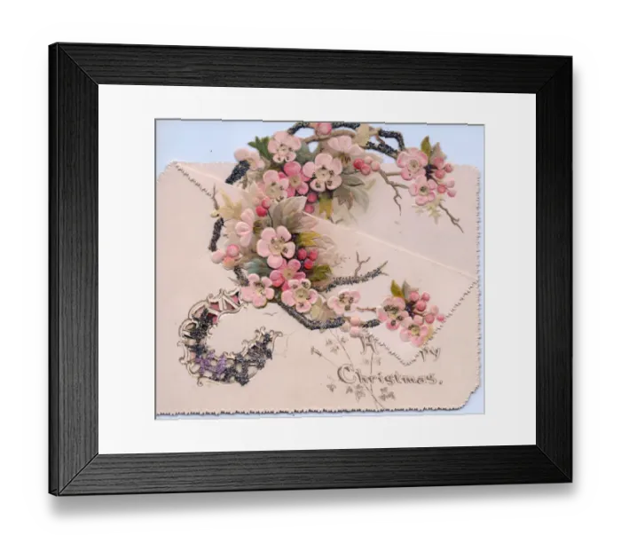 Framed Print : Branch of pink blossom on a cutout Christmas card Framed Print : Branch of pink blossom on a cutout Christmas card