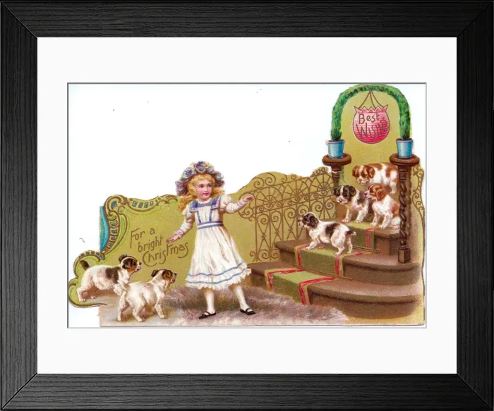 Framed Print : Girl with dogs on a cutout Christmas card Framed Print : Girl with dogs on a cutout Christmas card