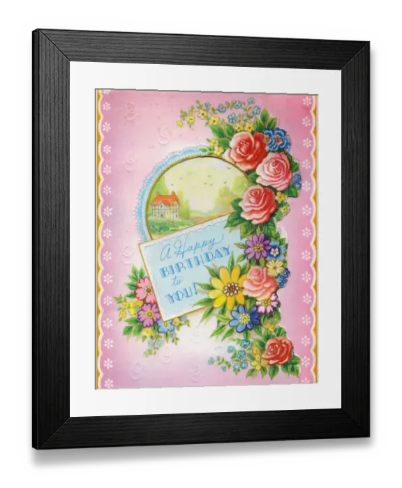 Framed Print : Birthday card with pink roses and rural scene Framed Print : Birthday card with pink roses and rural scene