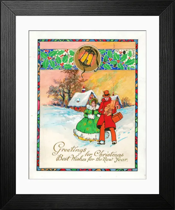 Framed Print : Couple in the snow on a Christmas and New Year card Framed Print : Couple in the snow on a Christmas and New Year card