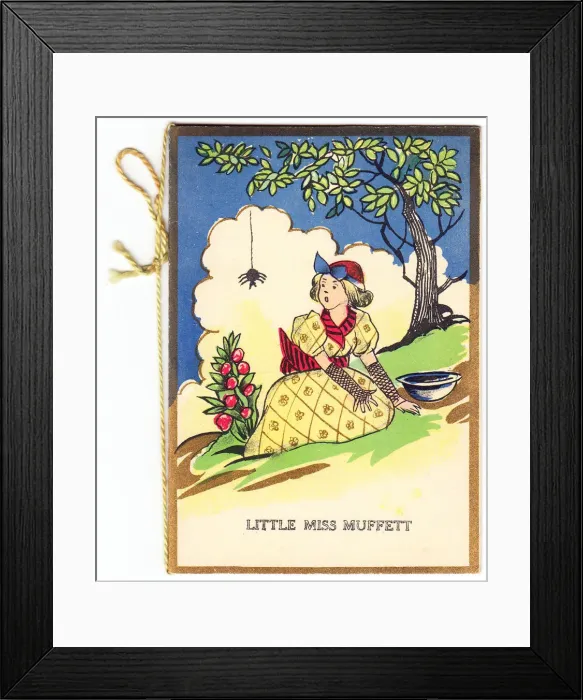 Framed Print : Little Miss Muffett and spider on a greetings card Framed Print : Little Miss Muffett and spider on a greetings card