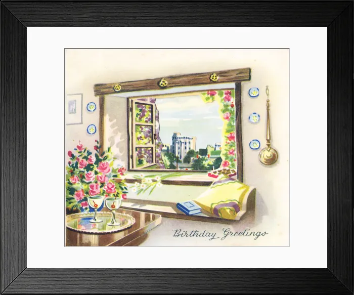 Framed Print : Birthday card with a view through a window Framed Print : Birthday card with a view through a window