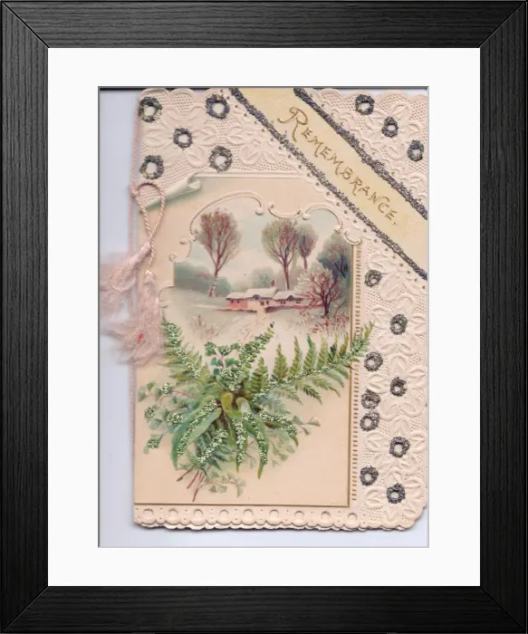 Framed Print : Snow scene and ferns on a remembrance card