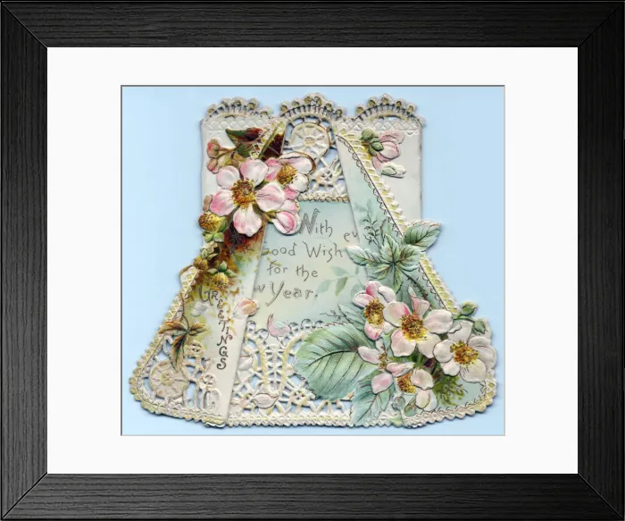 Framed Print : Pink flowers on a cutout lacy New Year card Framed Print : Pink flowers on a cutout lacy New Year card
