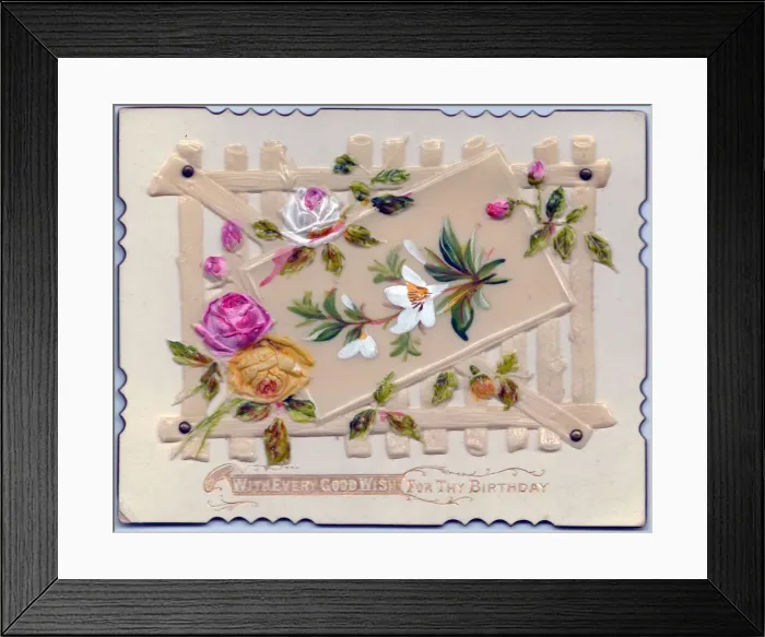 Framed Print : Flowers and garden fence on a birthday card Framed Print : Flowers and garden fence on a birthday card