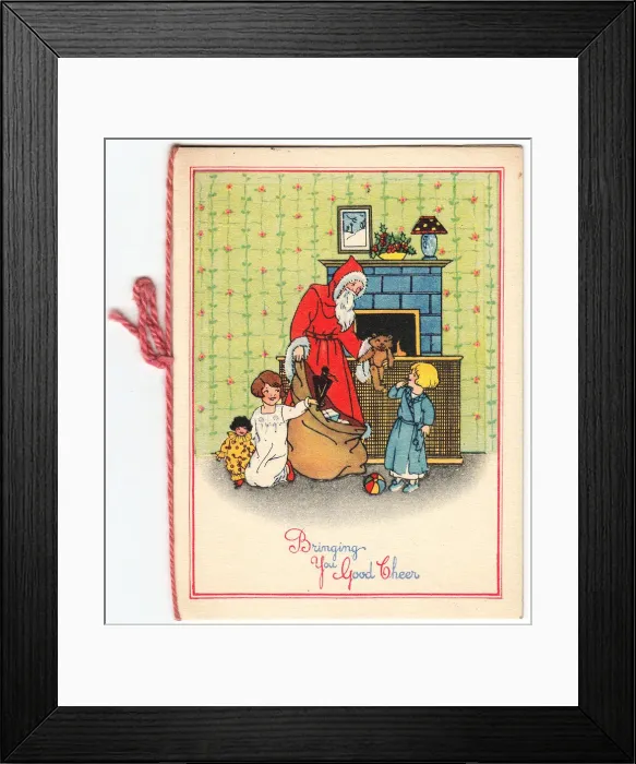 Framed Print : Santa Claus with children and presents on a Christmas card Framed Print : Santa Claus with children and presents on a Christmas card