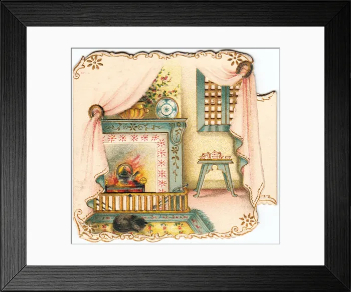 Framed Print : Cosy scene with cat and fireplace on a greetings card Framed Print : Cosy scene with cat and fireplace on a greetings card