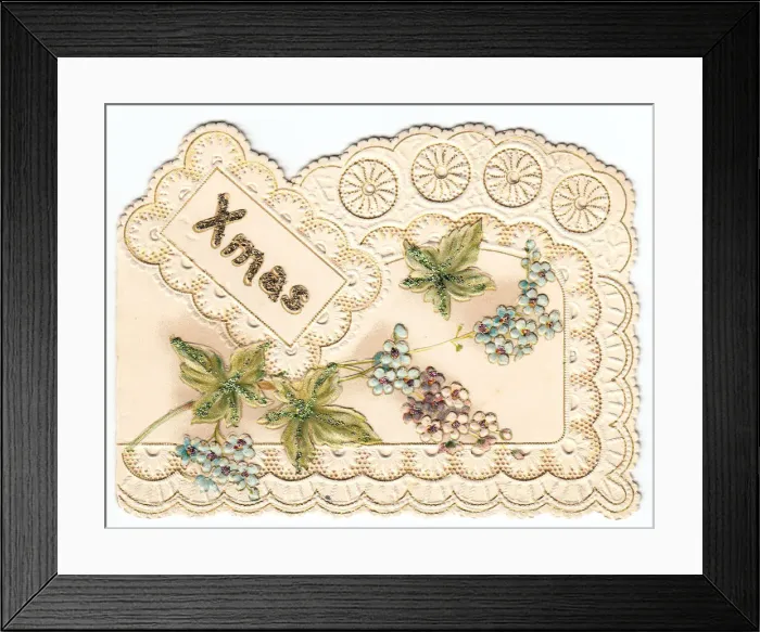 Framed Print : Leaves and flowers on a lacy Christmas card Framed Print : Leaves and flowers on a lacy Christmas card