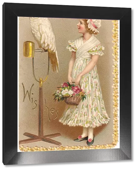 Girl with cockatoo on a greetings card