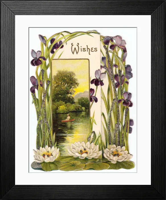Framed Print : Water lilies and purple irises on a greetings card Framed Print : Water lilies and purple irises on a greetings card