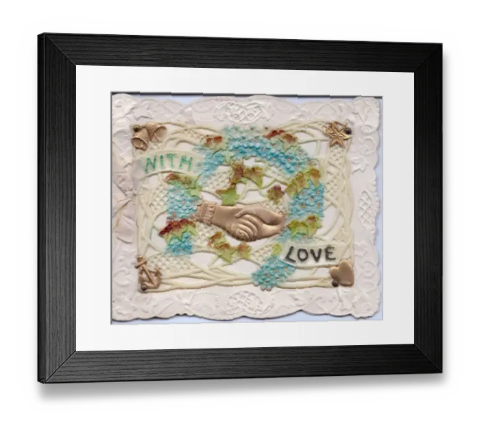 Framed Print : Hands and blue flowers on a romantic greetings card Framed Print : Hands and blue flowers on a romantic greetings card