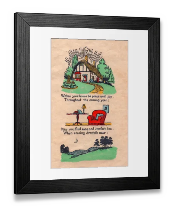 Framed Print : Cottage, armchair and rural scene on a New Year card Framed Print : Cottage, armchair and rural scene on a New Year card