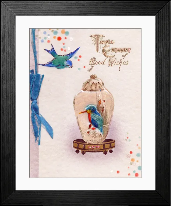 Framed Print : Bluebird, kingfisher and jar on a greetings card Framed Print : Bluebird, kingfisher and jar on a greetings card