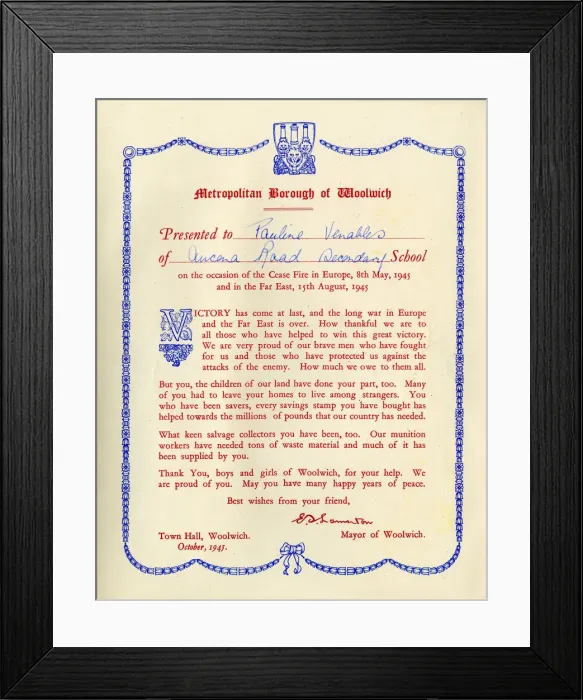 Framed Print : Certificate to schoolchildren from Mayor of Woolwich, WW2 Framed Print : Certificate to schoolchildren from Mayor of Woolwich, WW2