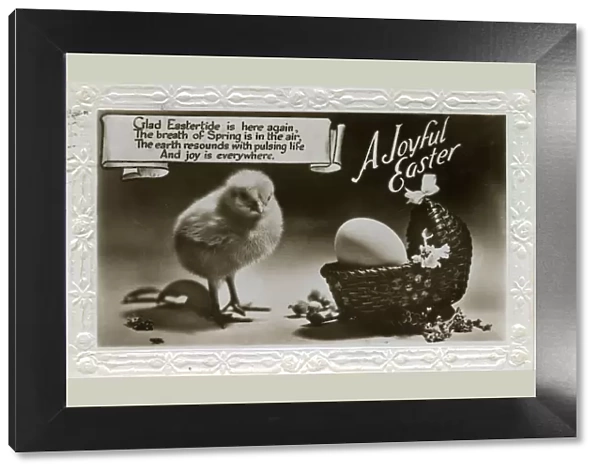 Easter postcard with chick and egg in a basket