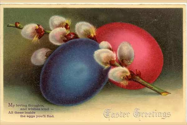Easter postcard with eggs and catkins