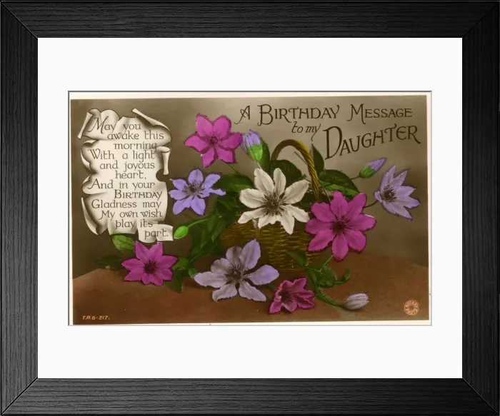 Framed Print : Birthday postcard with flowers and verse Framed Print : Birthday postcard with flowers and verse
