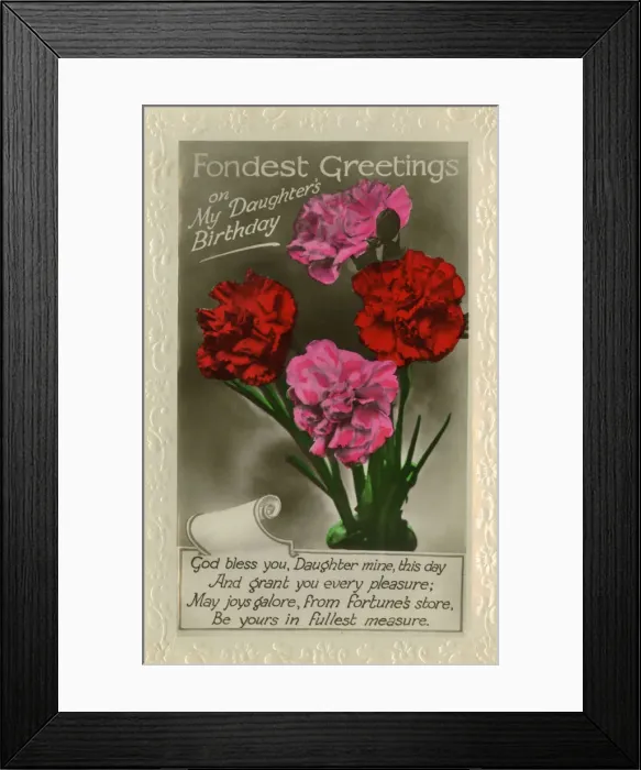 Framed Print : Birthday postcard with carnations and verse Framed Print : Birthday postcard with carnations and verse