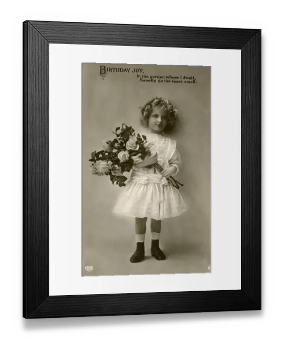 Framed Print : Birthday postcard, little girl with roses and verse Framed Print : Birthday postcard, little girl with roses and verse