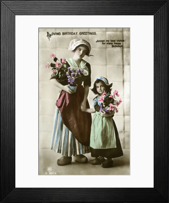 Framed Print : Birthday postcard, woman and girl with flowers Framed Print : Birthday postcard, woman and girl with flowers