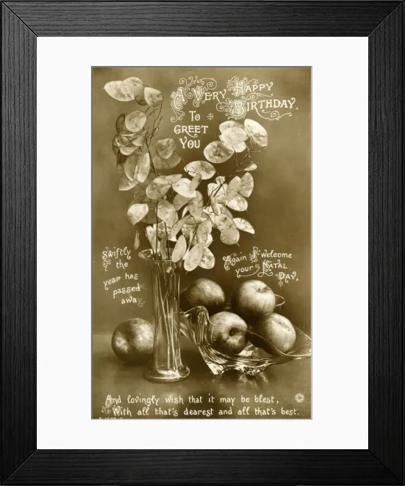Framed Print : Birthday postcard, Honesty pods and apples Framed Print : Birthday postcard, Honesty pods and apples