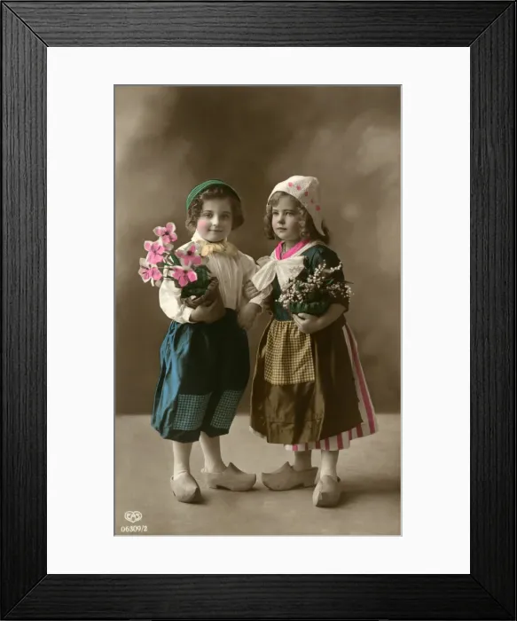Framed Print : Postcard, Dutch boy and girl with flowers Framed Print : Postcard, Dutch boy and girl with flowers