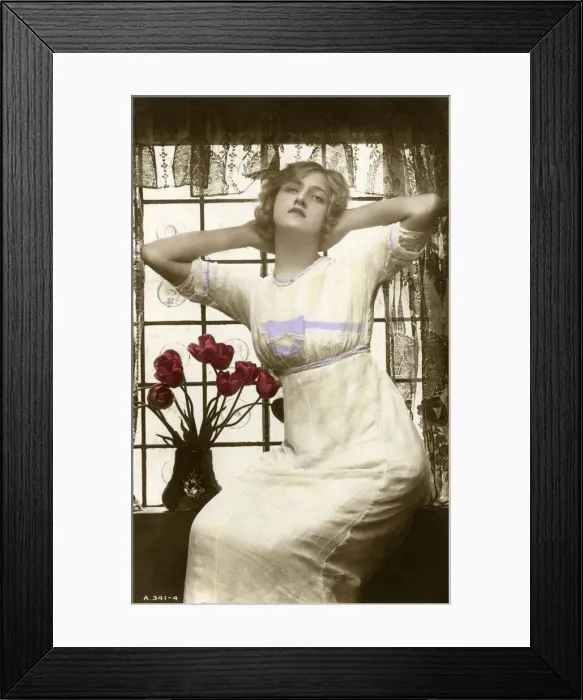 Framed Print : Postcard, young woman with vase of tulips Framed Print : Postcard, young woman with vase of tulips