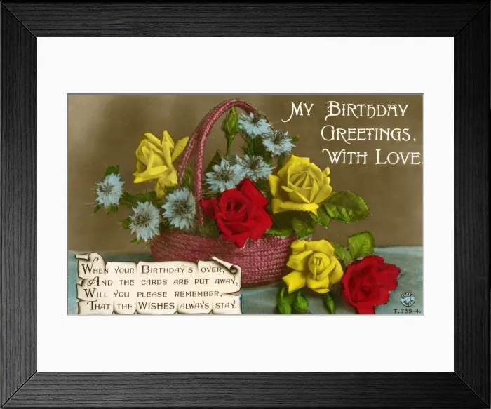 Framed Print : Birthday postcard with basket of flowers and verse Framed Print : Birthday postcard with basket of flowers and verse