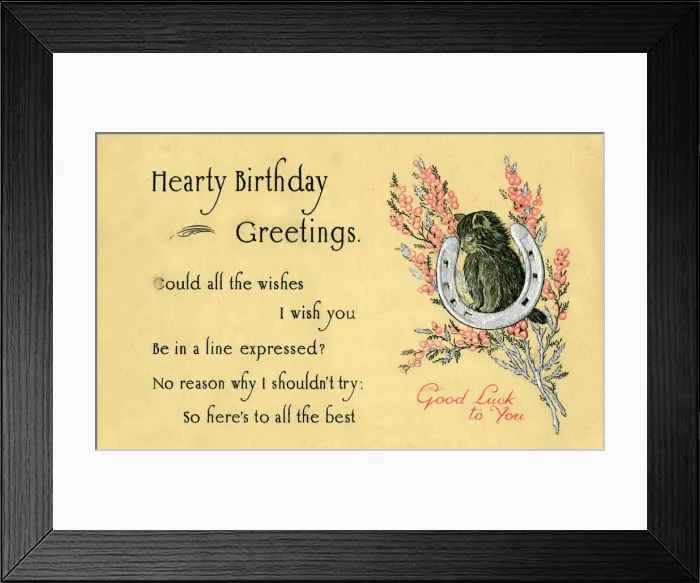 Framed Print : Birthday postcard with pink flowers and black cat Framed Print : Birthday postcard with pink flowers and black cat