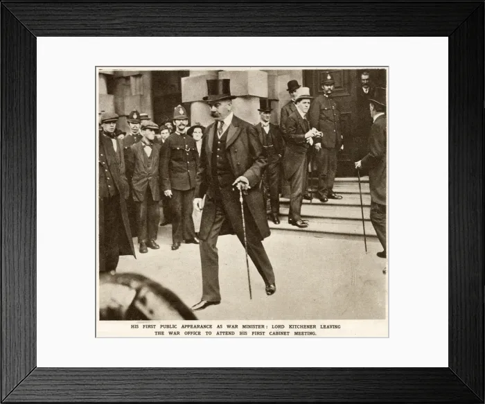 Framed Print : Lord Kitchener walking down steps alone of War Office. His first public appearance as Framed Print : Lord Kitchener walking down steps alone of War Office. His first public appearance as