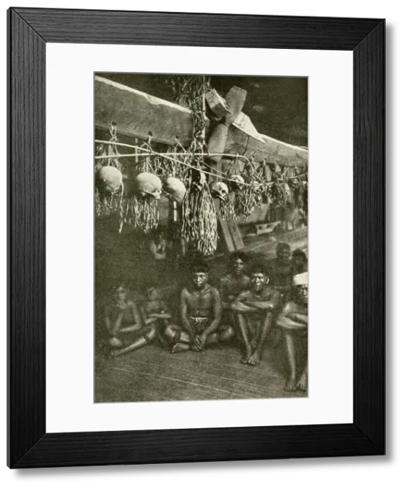 Framed Print : Kayan men in long house with skulls, Borneo, SE Asia Framed Print : Kayan men in long house with skulls, Borneo, SE Asia