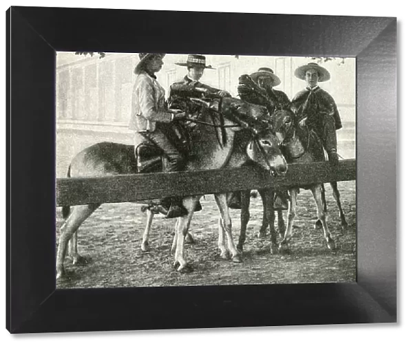 Four young men on mules, Chile, South America