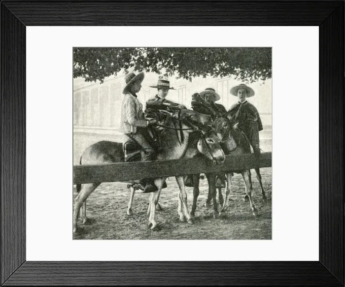 Framed Print : Four young men on mules, Chile, South America Framed Print : Four young men on mules, Chile, South America