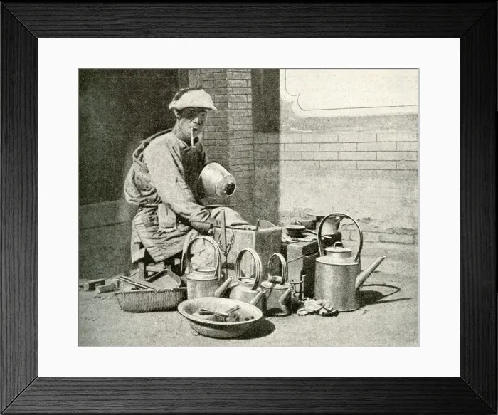 Framed Print : Itinerant tinker with pots and pans, China, East Asia Framed Print : Itinerant tinker with pots and pans, China, East Asia