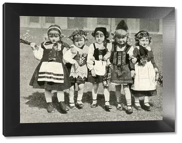 Five little girls in traditional dress, Denmark