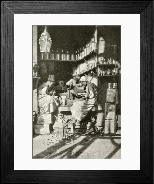 Framed Print : Arab tinsmiths at work in a shop, Cairo, Egypt Framed Print : Arab tinsmiths at work in a shop, Cairo, Egypt