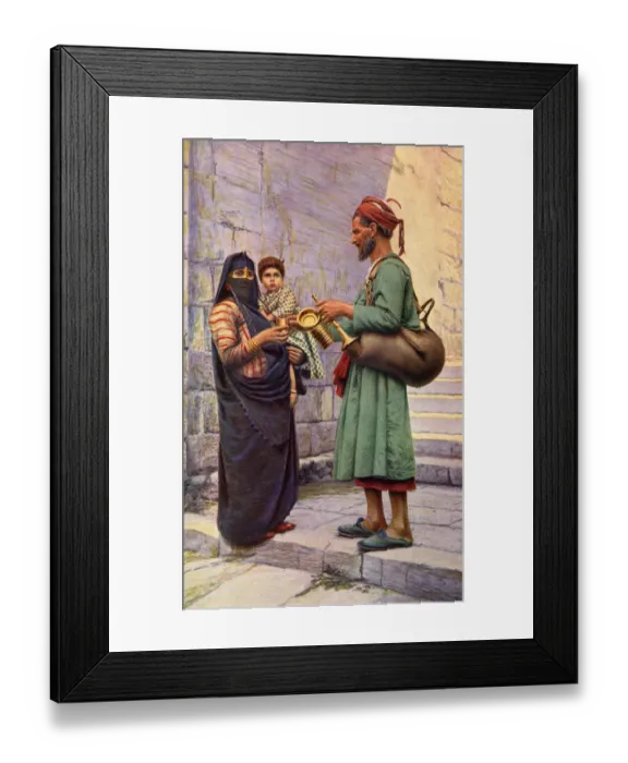 Framed Print : Water carrier handing a drink to a woman, Cairo, Egypt Framed Print : Water carrier handing a drink to a woman, Cairo, Egypt