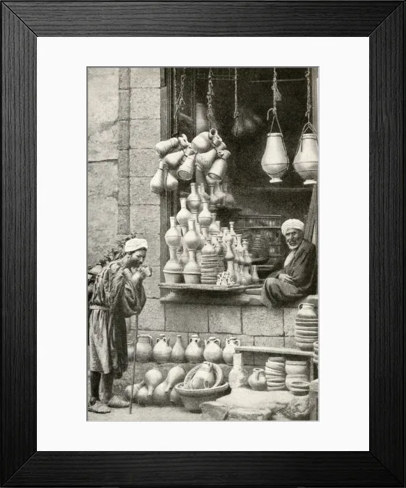 Framed Print : Arab pottery shop and shopkeeper, Cairo, Egypt Framed Print : Arab pottery shop and shopkeeper, Cairo, Egypt