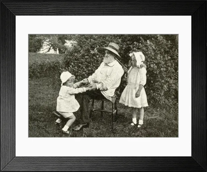 Framed Print : Grandfather and two children in a garden, England Framed Print : Grandfather and two children in a garden, England