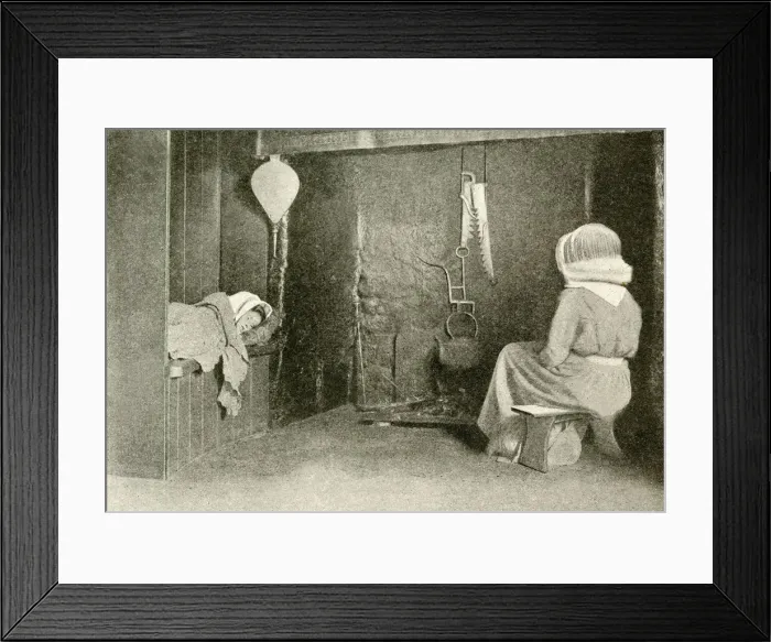 Framed Print : Cottage interior with mother and sleeping child, Devon Framed Print : Cottage interior with mother and sleeping child, Devon