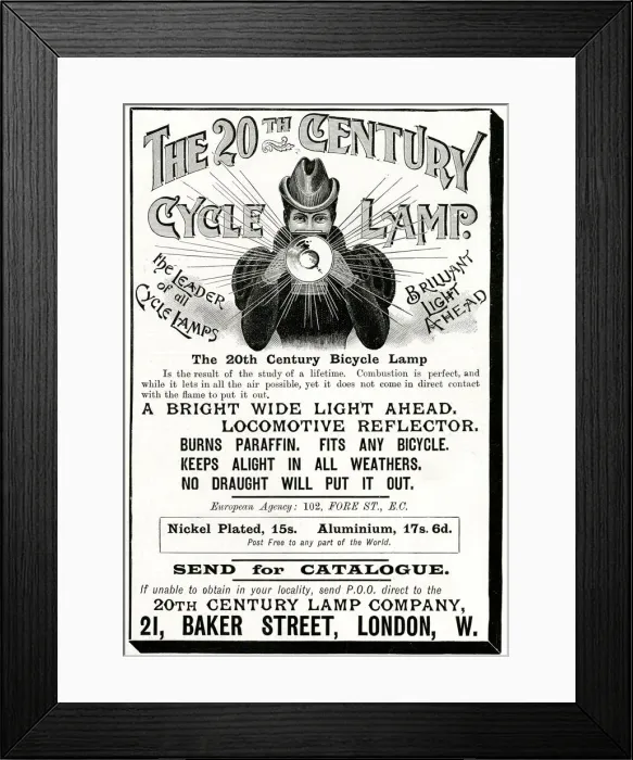 Framed Print : Advert for The 20th Century Cycle Lamp 1897 Framed Print : Advert for The 20th Century Cycle Lamp 1897