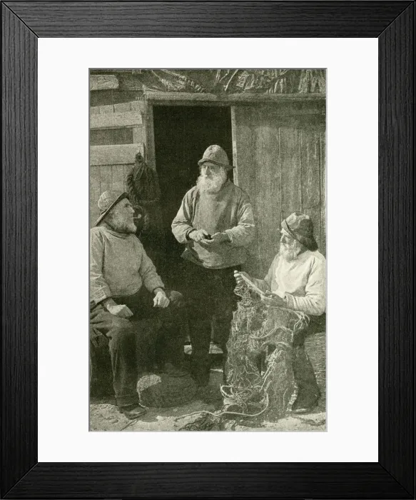 Framed Print : Three fishermen outside their hut, East Anglia, England Framed Print : Three fishermen outside their hut, East Anglia, England