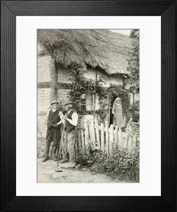 Framed Print : Men and woman outside a thatched cottage, Herefordshire Framed Print : Men and woman outside a thatched cottage, Herefordshire